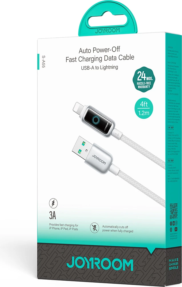 Kabllo USB-A në Lightning, Joyroom S-A55 StarFlight, 1.2 m 3A, e bardhë