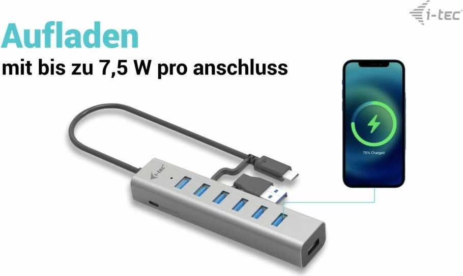 USB HUB I-Tec 7 porta, USB 3.2 Gen 1, 5000 Mbit/s, metalik, 0.3m, gri