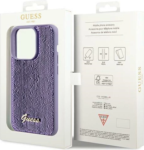 Mbështjellës Guess Sequin Script Metal për iPhone 14 Pro, vjollcë
