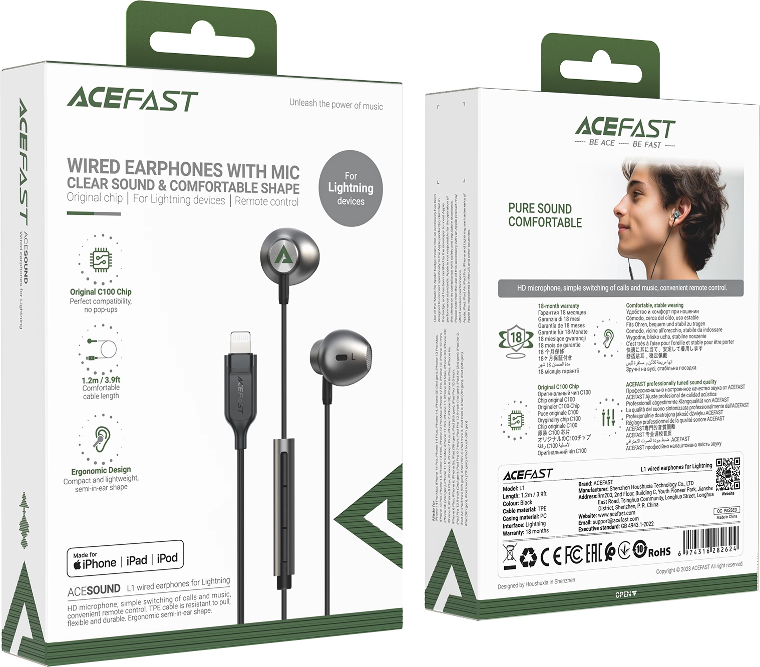 Kufje in-ear Acefast L1 me Lightning, mikrofon dhe telekomandë, 1.2m, të zeza