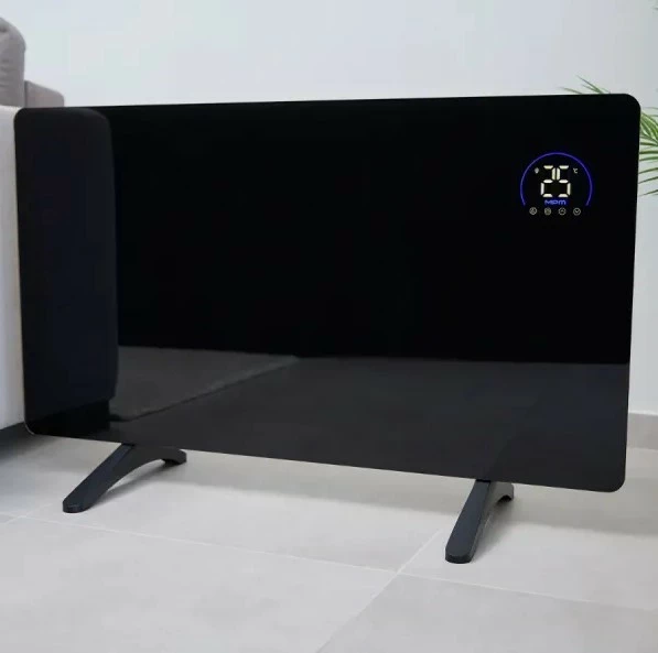 ngrohës panelor me infra të kuqe prej xhami, MPM MUG-23, 600W, Wi‑Fi Tuya, telekomandë, ekran LED, montim në mur ose me këmbë, e zezë