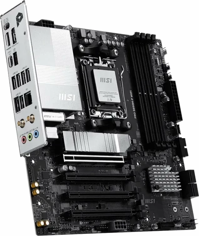 Pllakë amë MSI PRO B850M-P WIFI, Micro ATX, DDR5, WiFi 7, Bluetooth, 5G LAN, PCIe 5.0, e zezë/argjendtë, me antenë WiFi