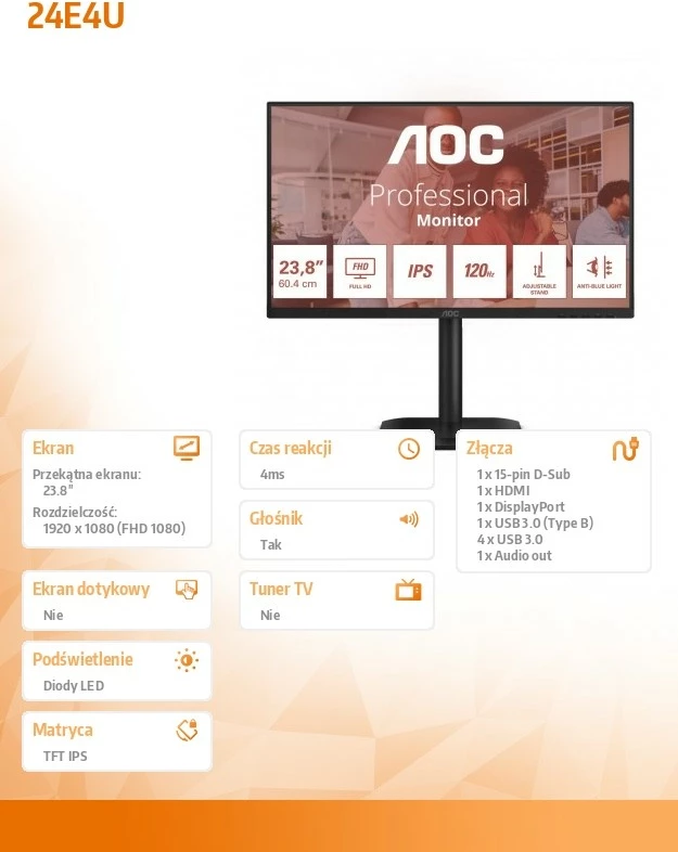 Monitor AOC 24E4U, 23.8 inç, IPS, 120Hz, FHD, i zi