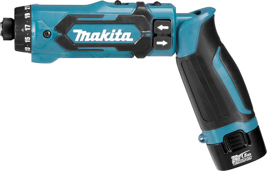 Kaçavidë me bateri Makita DF012DSE, 7.2V, 2x 1.5Ah Li-Ion, me koffer, blu/zi