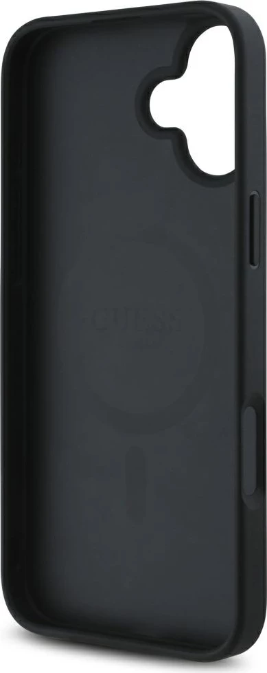 Mbështjellës Guess Grained Hot Stamp Peony Triangle Logo MagSafe për iPhone 16, i zi