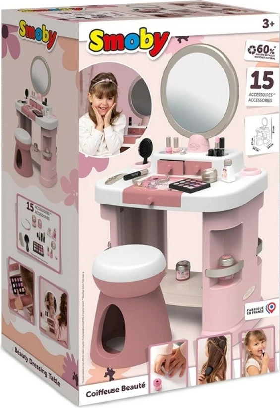 Tavolinë grimi lodër Smoby My Beauty Dressing Table me 15 aksesorë, Rozë/Ari/E bardhë