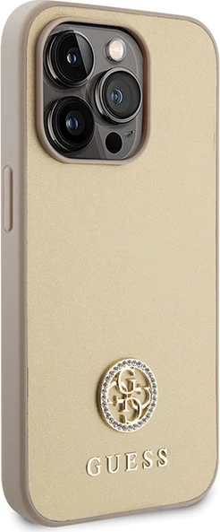 Mbështjellës Guess GUHCP15LPS4DGPD për iPhone 15 Pro 6.1", 4G Strass Metal Logo, Ari