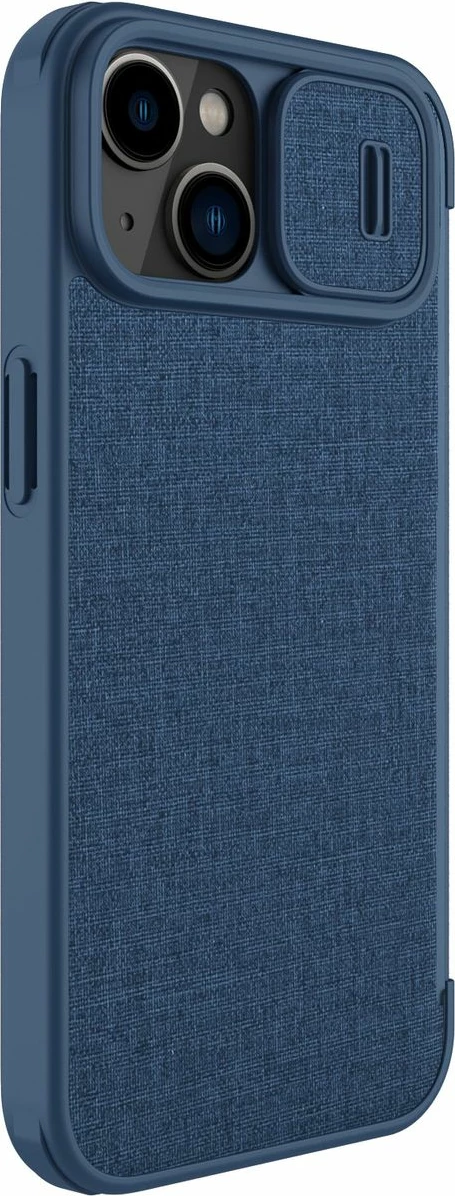 Mbështjellës Nillkin Qin Cloth Pro Case për iPhone 14 Plus, me kapak dhe mbulesë kamere, Blu