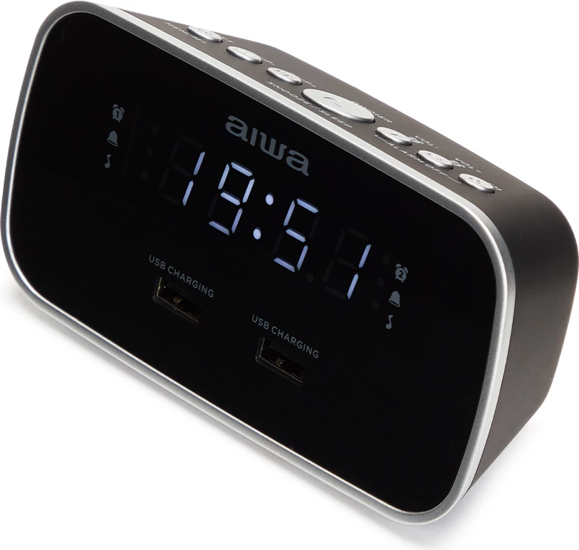 Orë alarmi me radio Aiwa CRU-19BK, FM/PLL, 2 alarme, 2x USB karikim, AUX In, ekran LED i zbehshëm, e zezë