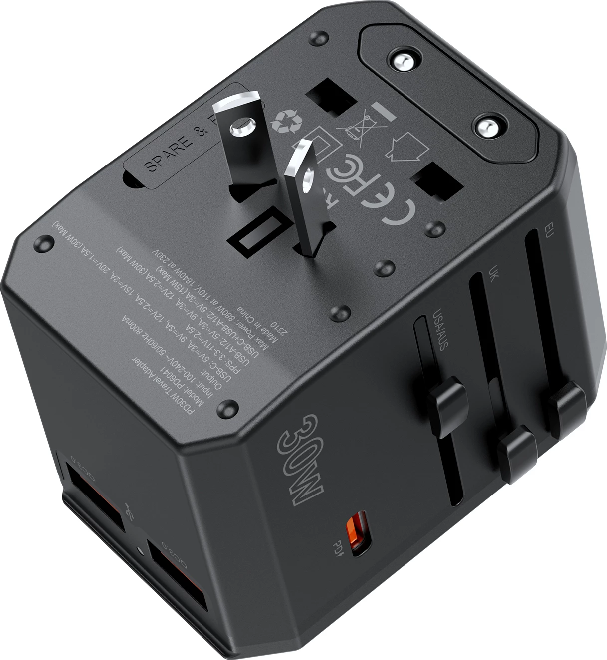 Karikues udhëtimi Choetech PD6041, 30W, 3 porta USB-C/USB-A, 4 priza ndërkombëtare, Zi