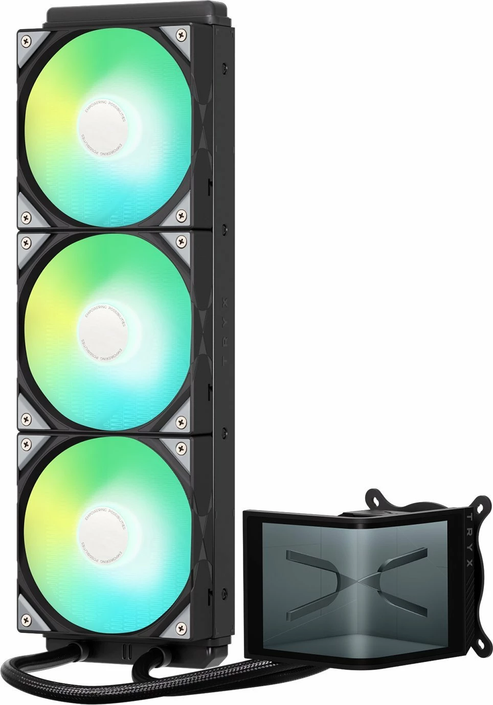 Ftohës uji AiO TRYX Panorama SE ARGB 360 (L-P360L-AM3M-G0K), radiator 360mm, 3x120mm PWM, ekran 3D AMOLED 2K, e zezë