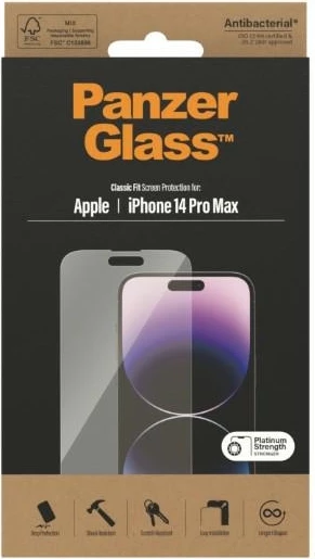 Xham mbrojtës PanzerGlass Classic Fit për iPhone 14 Pro Max, Antibakterial
