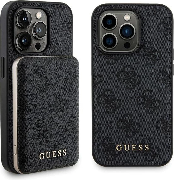 Mbështjellës Guess 4G Metal Logo me powerbank MagSafe 5000mAh për iPhone 14 Pro Max, Zi, Set