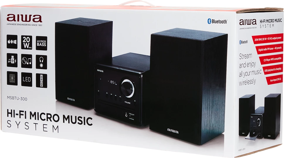 Mikrosistem Hi‑Fi Aiwa MSBTU-300, Bluetooth 4.2, CD/USB/FM, 2x10 W, e zezë, set me 2 altoparlantë