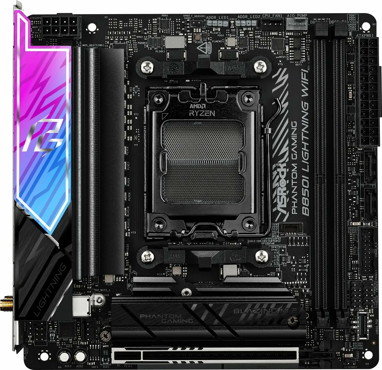 Pllakë amë ASRock Phantom Gaming B850I Lightning WiFi Mini-ITX, DDR5 deri 128GB, Wi‑Fi 6E, 2.5Gb LAN (me 2 antena WiFi)