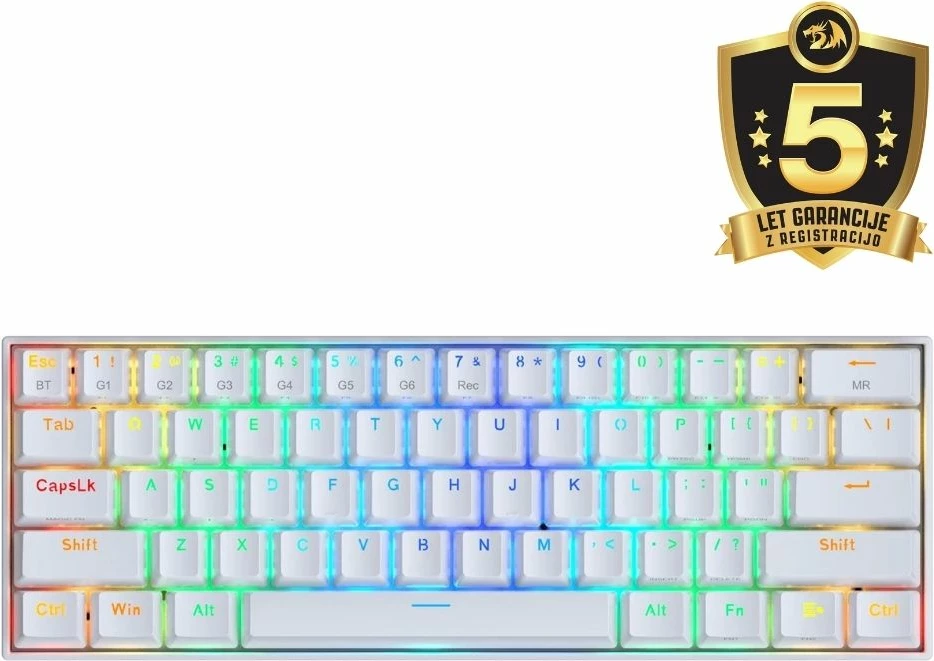 Tastierë mekanike gaming Redragon Draconic K530RGB Pro, 60% (61 tasta), Hot-Swap, BT/2.4GHz/USB-C, Red Switch, e bardhë