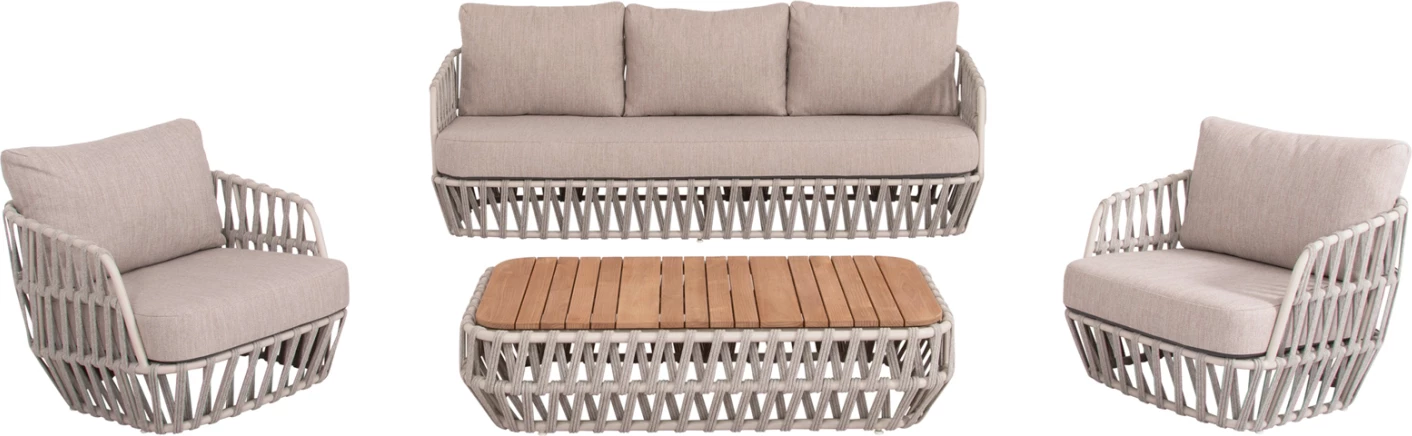 Set salloni për jashtë 4 pjesë SABO FH6208.02 ngjyrë krem e bardhë, alumin-bezhë, litar P.E. & pëlhurë OLEFIN-dru TEAK natyral