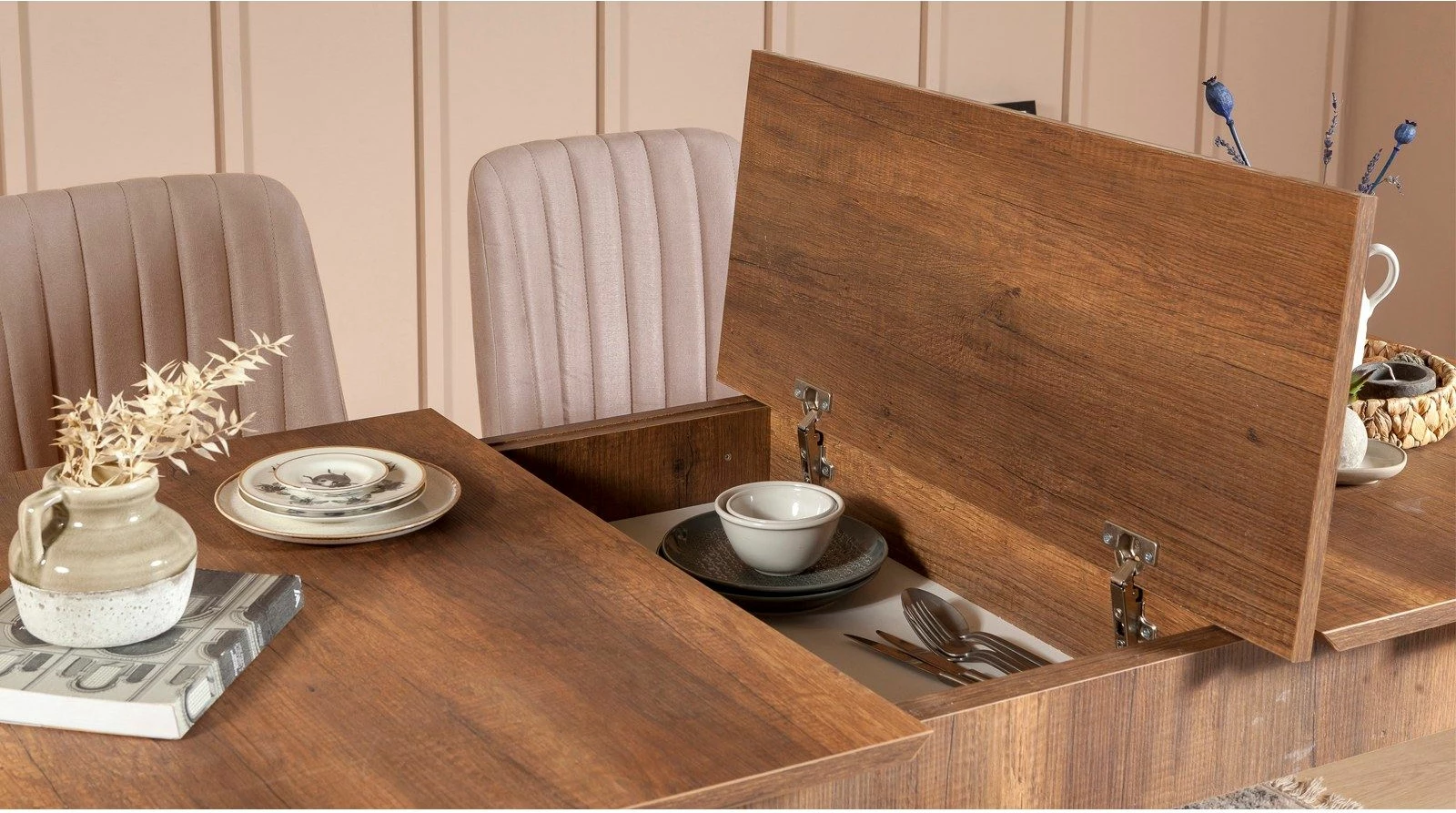 Set tavoline me karrige, zgjatshme, 5 pjesë, Skye Decor, Vina 0900-4, ngjyrë arre, gur