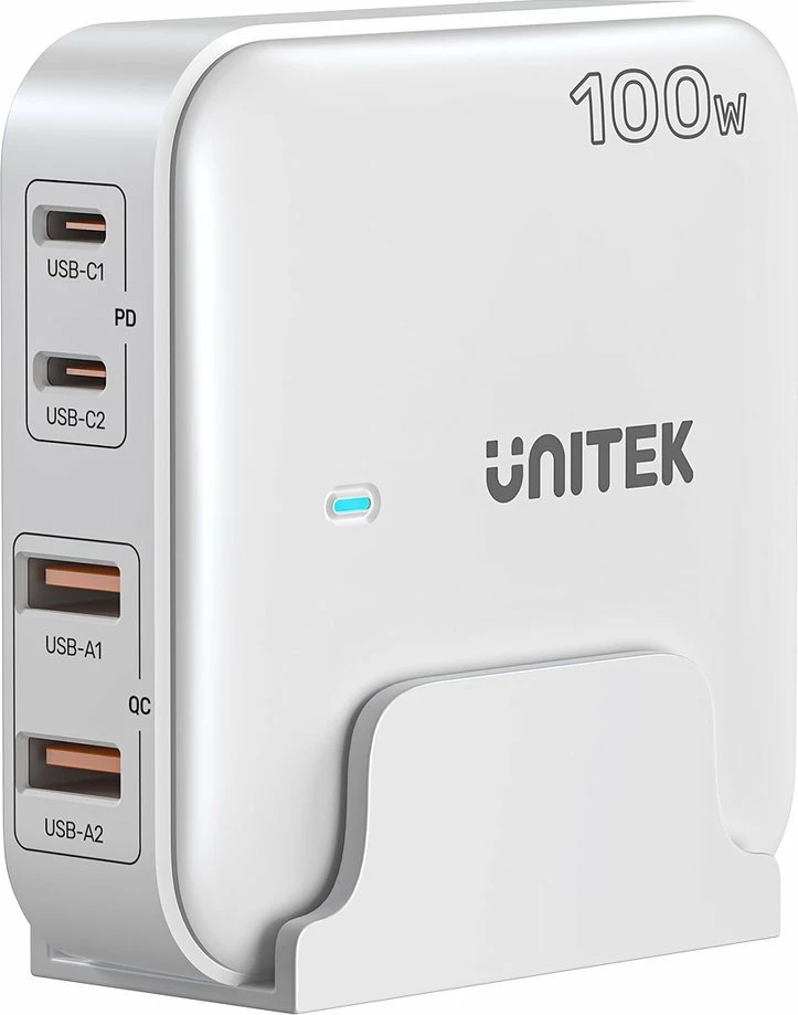 Karikues desktop GaN Unitek P1229A (P1229AWH01-EU) 100W 2x USB-A + 2x USB-C PD/QC, i bardhë