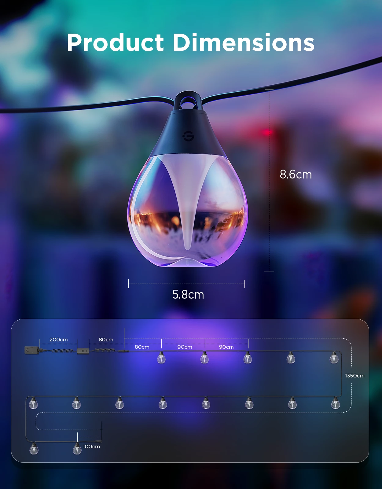 Varg dritash LED smart për jashtë Govee Outdoor Clear Bulb String Lights 48 ft (14.6 m) RGBWIC 1200 lm, transparente