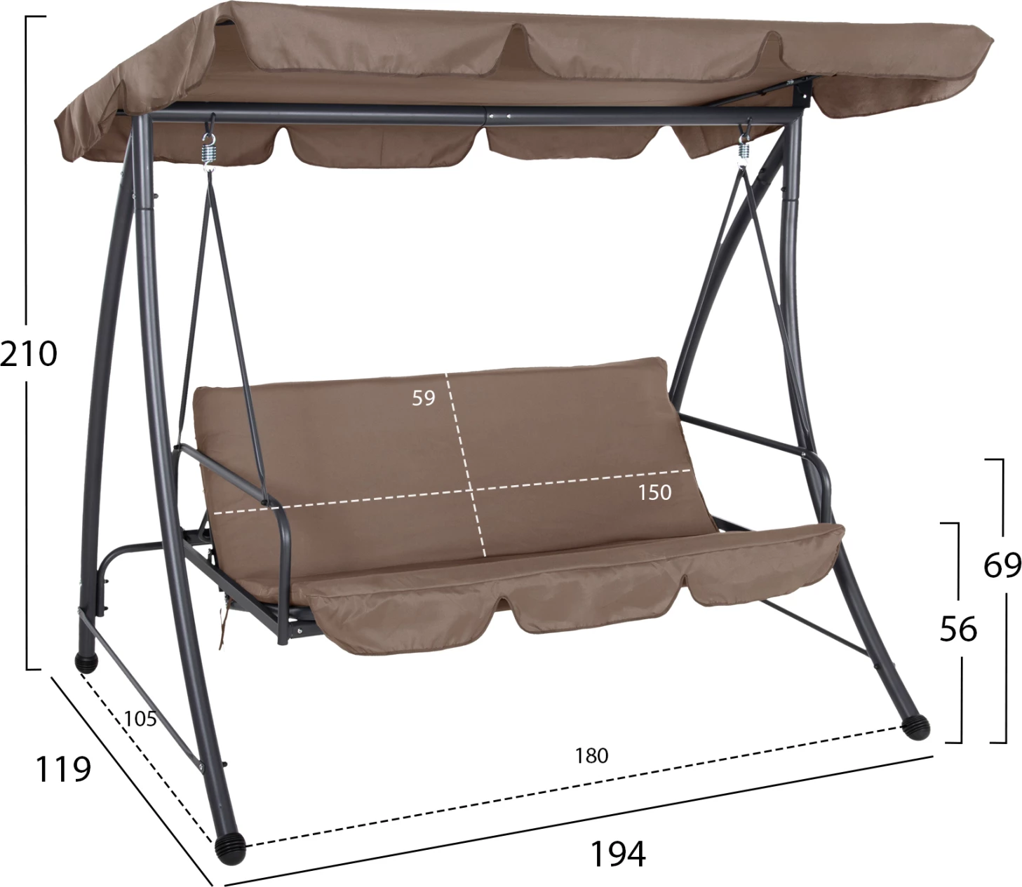 Shilte për verandë, 3-vendëshe, LIKID, FH5980.02, kornizë metalike, ngjyrë gri, pëlhurë ngjyrë kafe e çelur, 200x120x164H cm