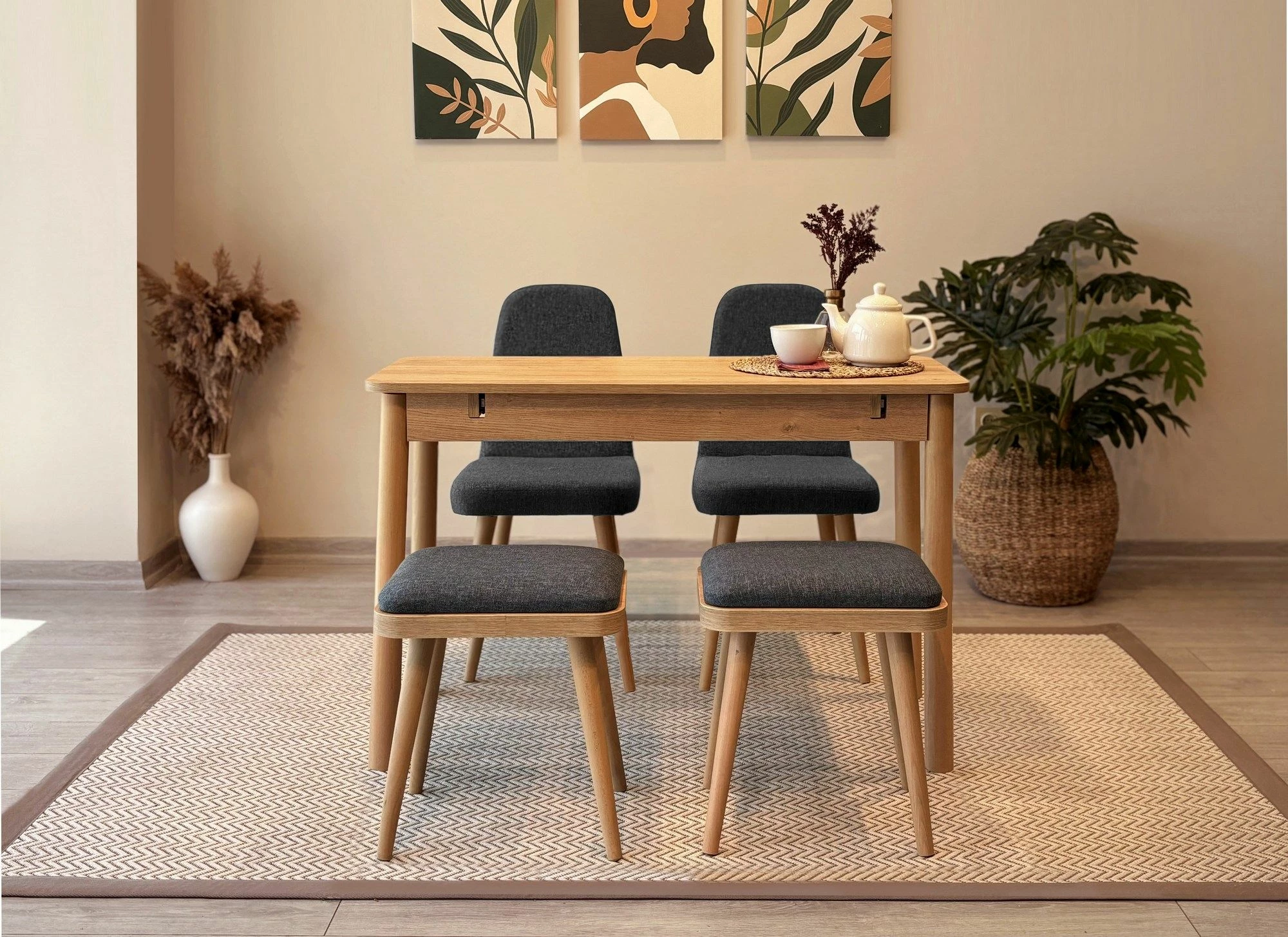 Tavolinë me karrige, set 5 pjesësh, ngjyrë lis dhe antracit, Skye Decor, Vina Mini 02 1053