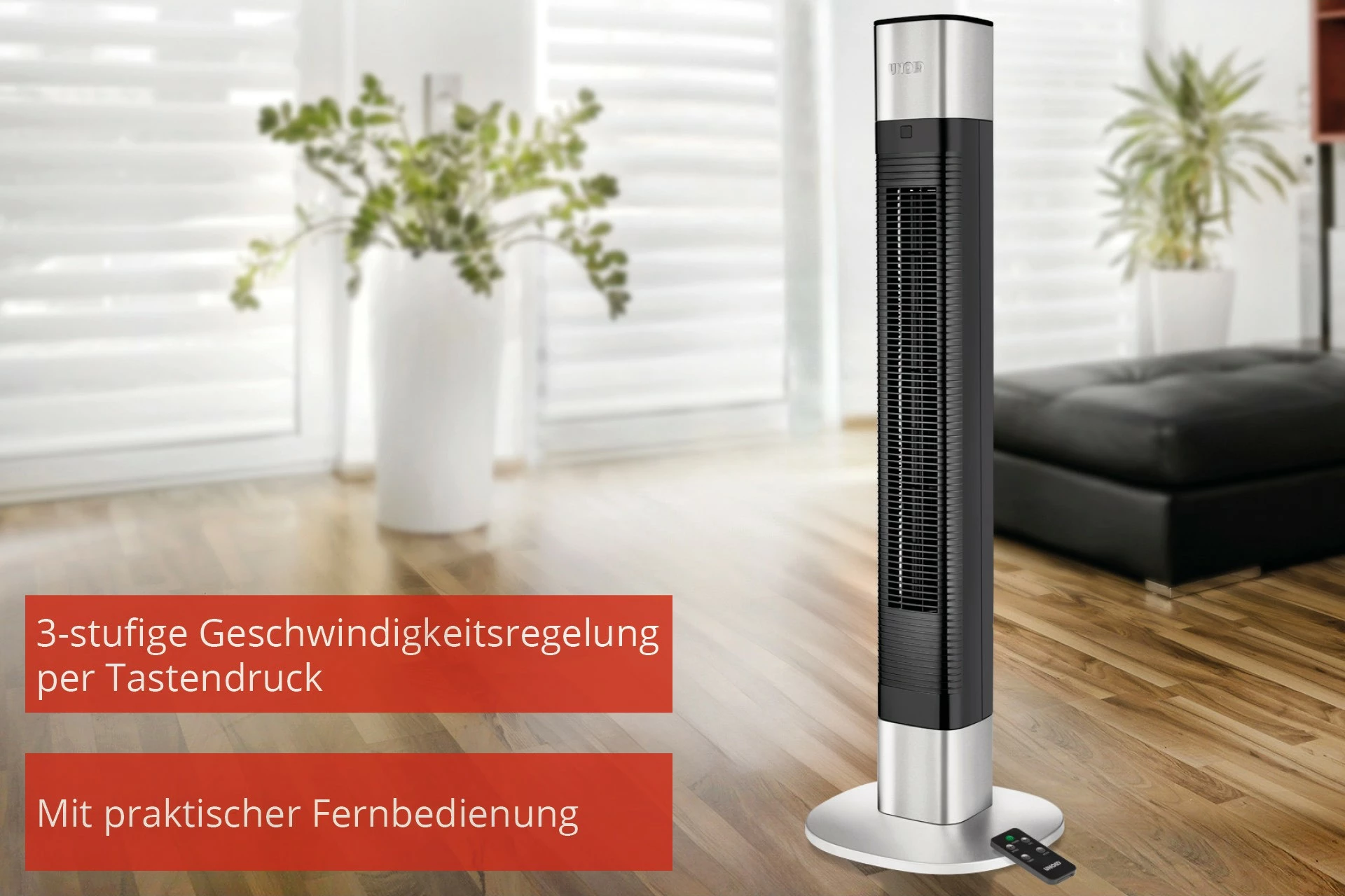 Ventilator kullë UNOLD Edel, LED display, 3 shpejtësi, timer 8 orë, i zi/çelik