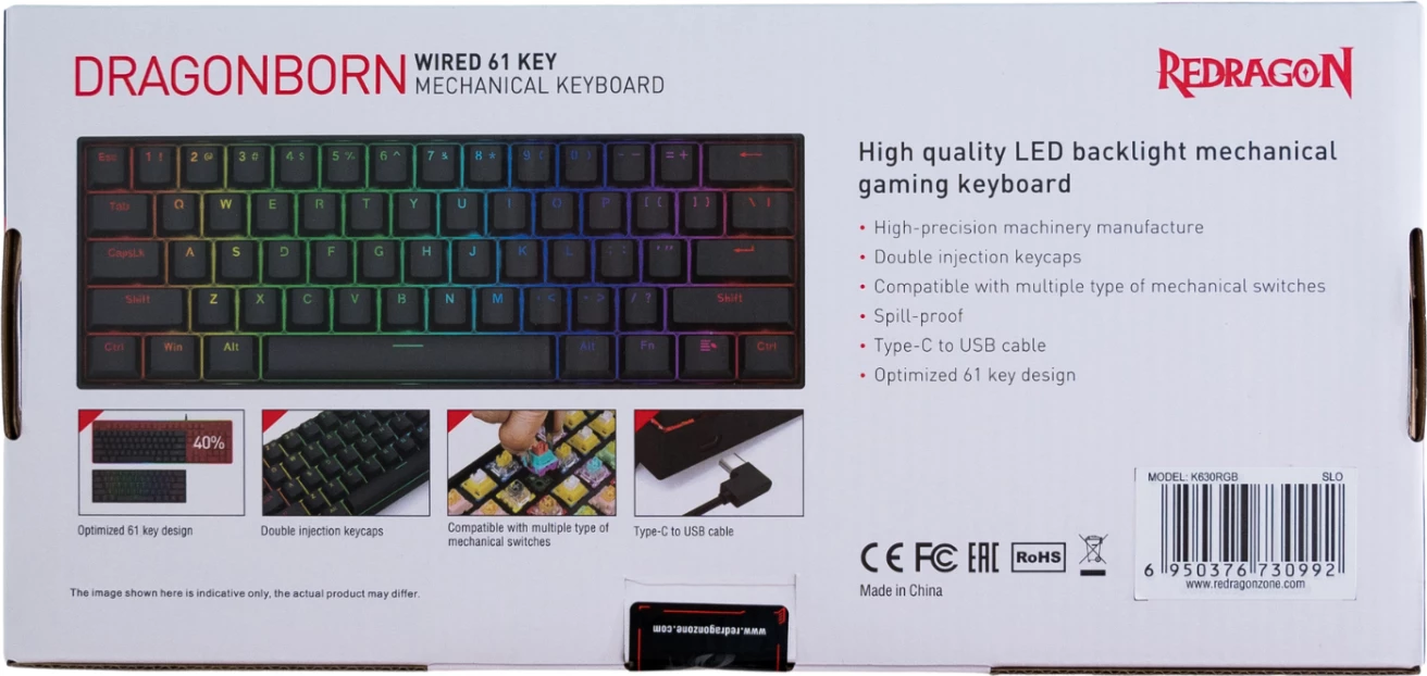Tastierë mekanike gaming Redragon Dragonborn K630, 61 taste, RGB, switch Blue, USB-C, layout SLO/CRO, e zezë