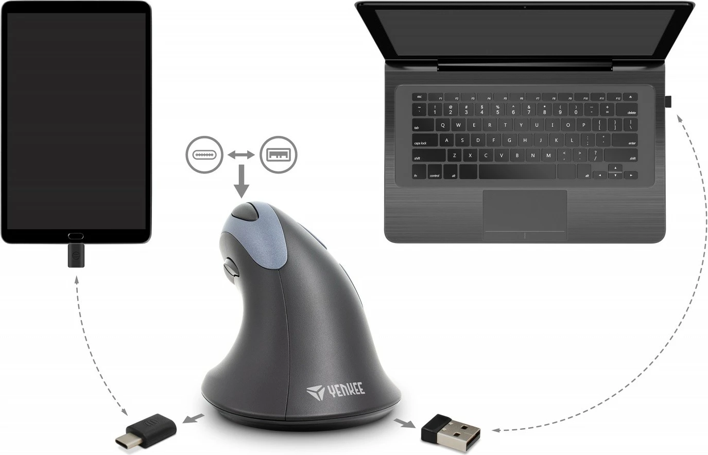 Maus ergonomik vertikal YENKEE ErgoSnug YMS 5030 ERGO, pa kabllo, USB A/USB C, i zi/gri
