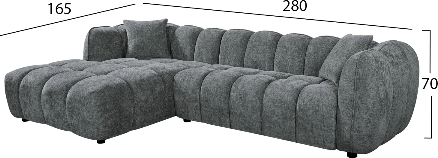 Këndare LYKKE, kënd i majtë, material gri, 280x89-165x70cm