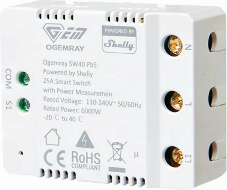 Relé i mençur Shelly PbS Ogemray 25A, Wi-Fi, Bluetooth, i bardhë