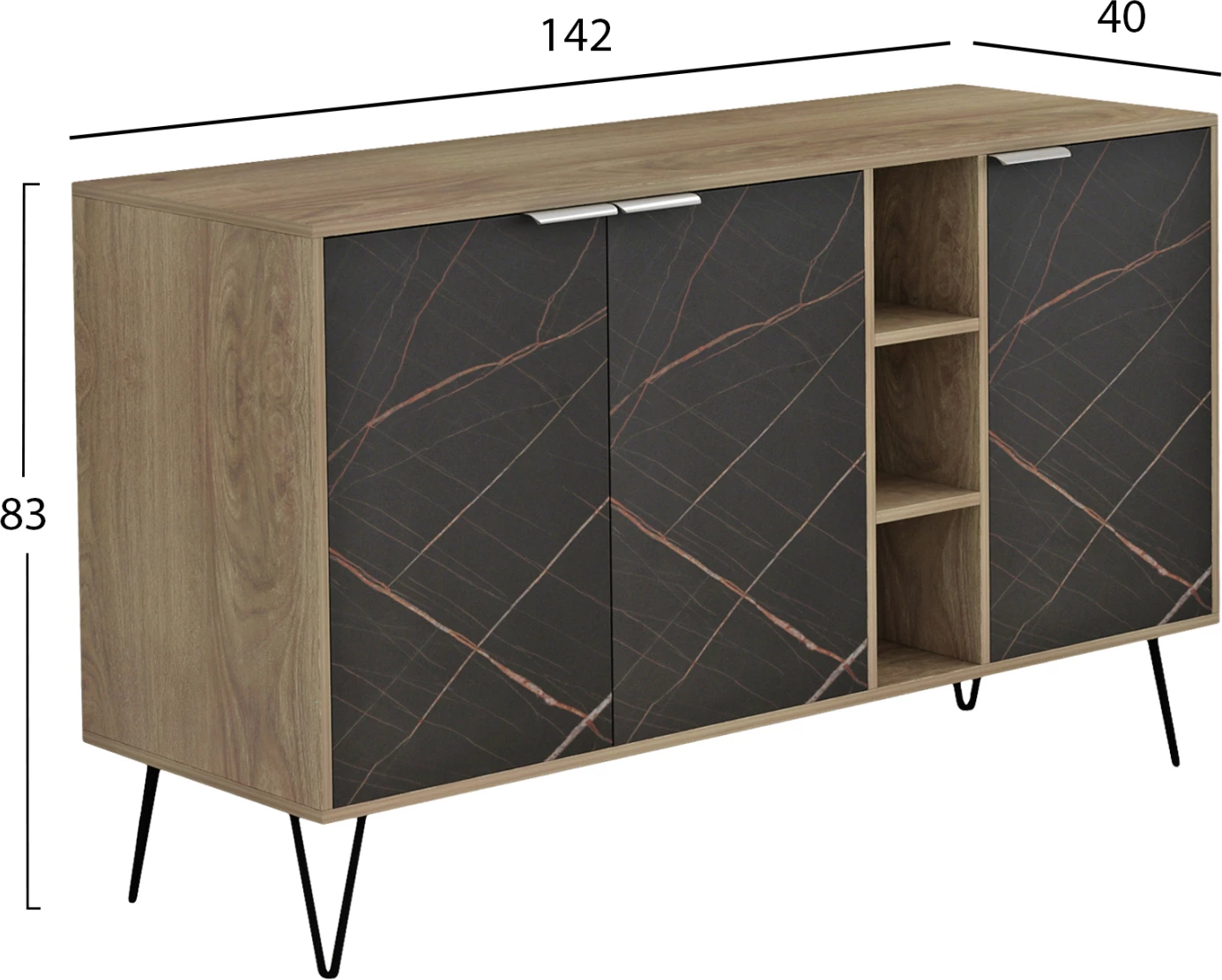 Bufe CABRON FH8874.12 melaminë në ngjyrë Sonama-mermer i zi dhe këmbë metalike të zeza 142x40x83H cm