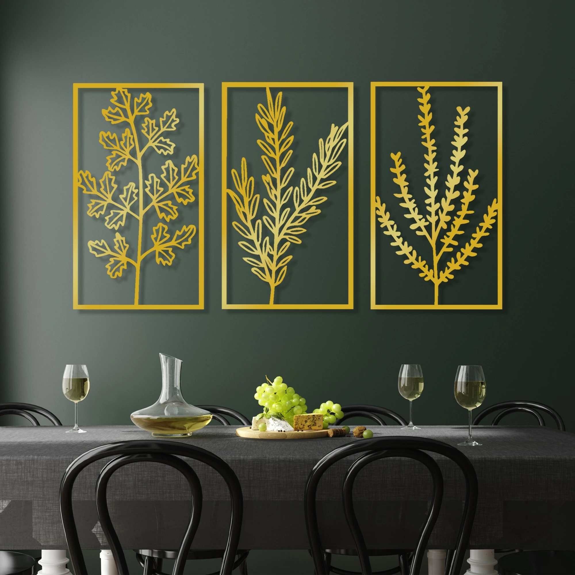 Aksesor dekorativ metalik për mur Wallity, lule të arta, set prej 3 copësh