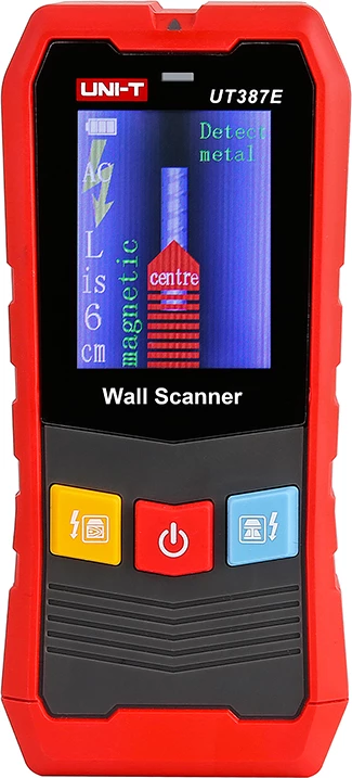Skaner muri / detektor materiali, UNI-T UT387E, ekran 2.4", zbulim metal/druri/tela me rrymë deri 100 mm, bateri Li-ion me USB, e kuqe-gri