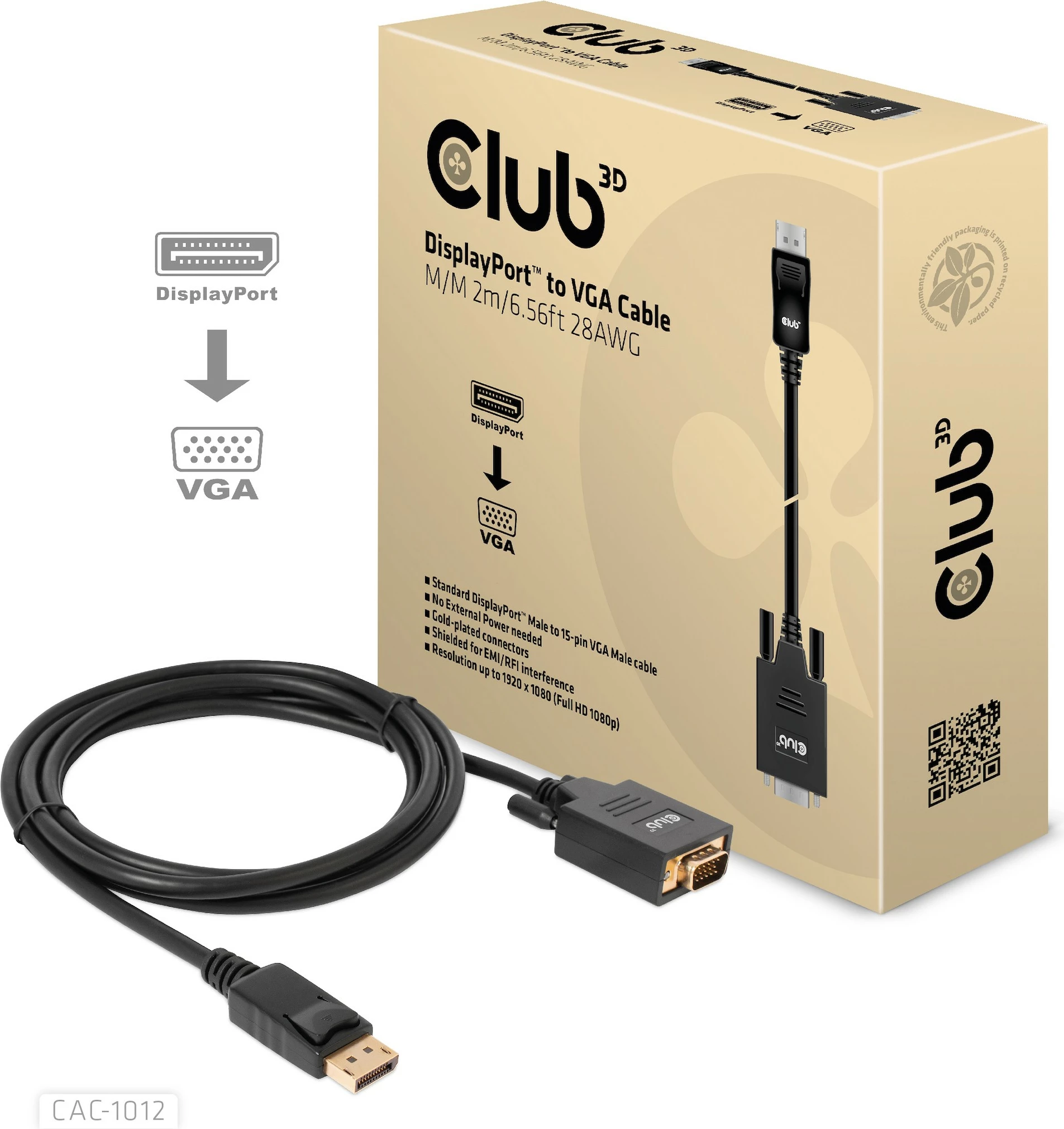 Kabllo DisplayPort në VGA Club3D 2m, e zezë