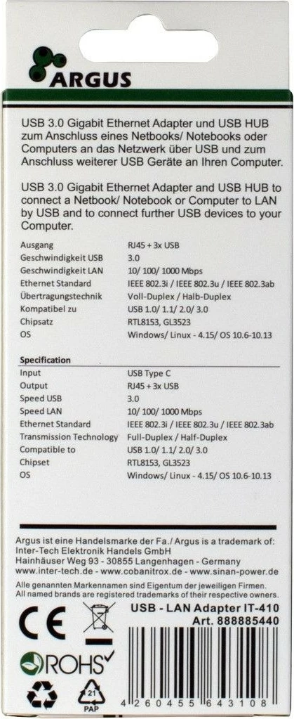 Hub USB Inter-Tech ARGUS IT-410, USB 3.2 Gen 1, Type-C, i zi