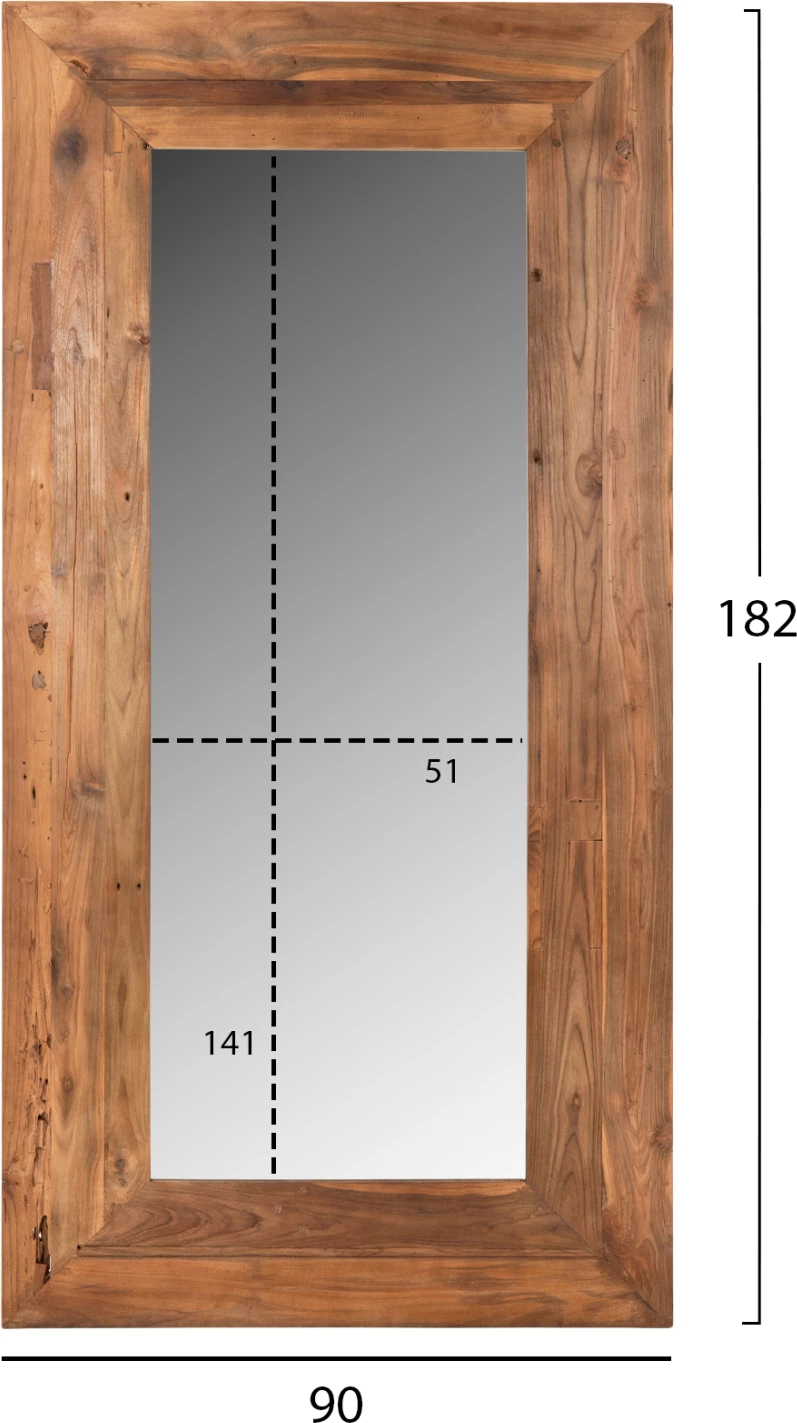 Pasqyrë muri YORKSHIRE, kornizë prej druri tik të ricikluar, 90x182cm