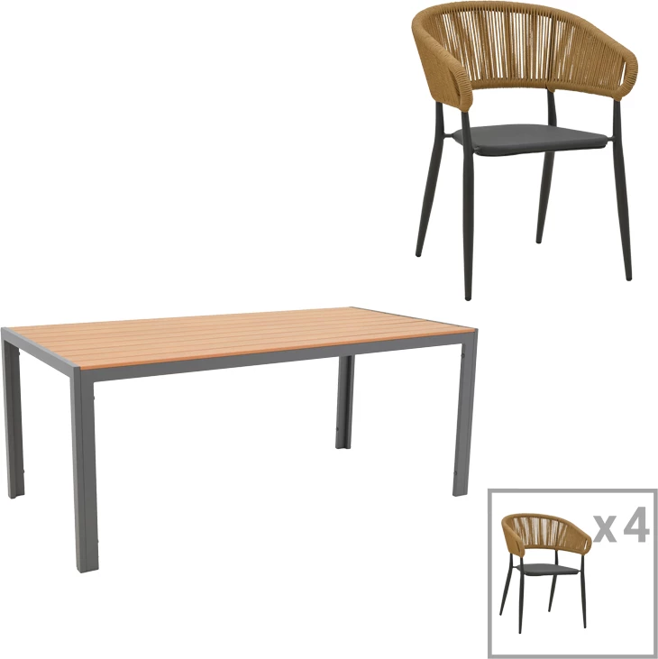 Tavolinë me karrige Nares-Raven set prej 5 copë alumini dhe kompensatë ngjyrë natyrale 180x90x72.5cm