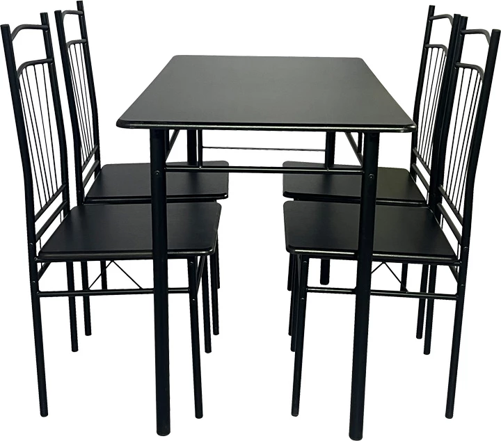 Tavolinë me karrige Roza II, set 5 copë, MDF, këmbë metalike të zeza, 110x60x74cm