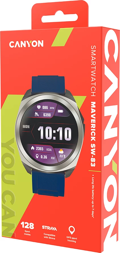 Smartwatch CANYON Maveric SW-83 (CNS-SW83SS) GPS, 1.32\" IPS 360x360, 400 mAh, 192 MB, argjendtë/kaltër