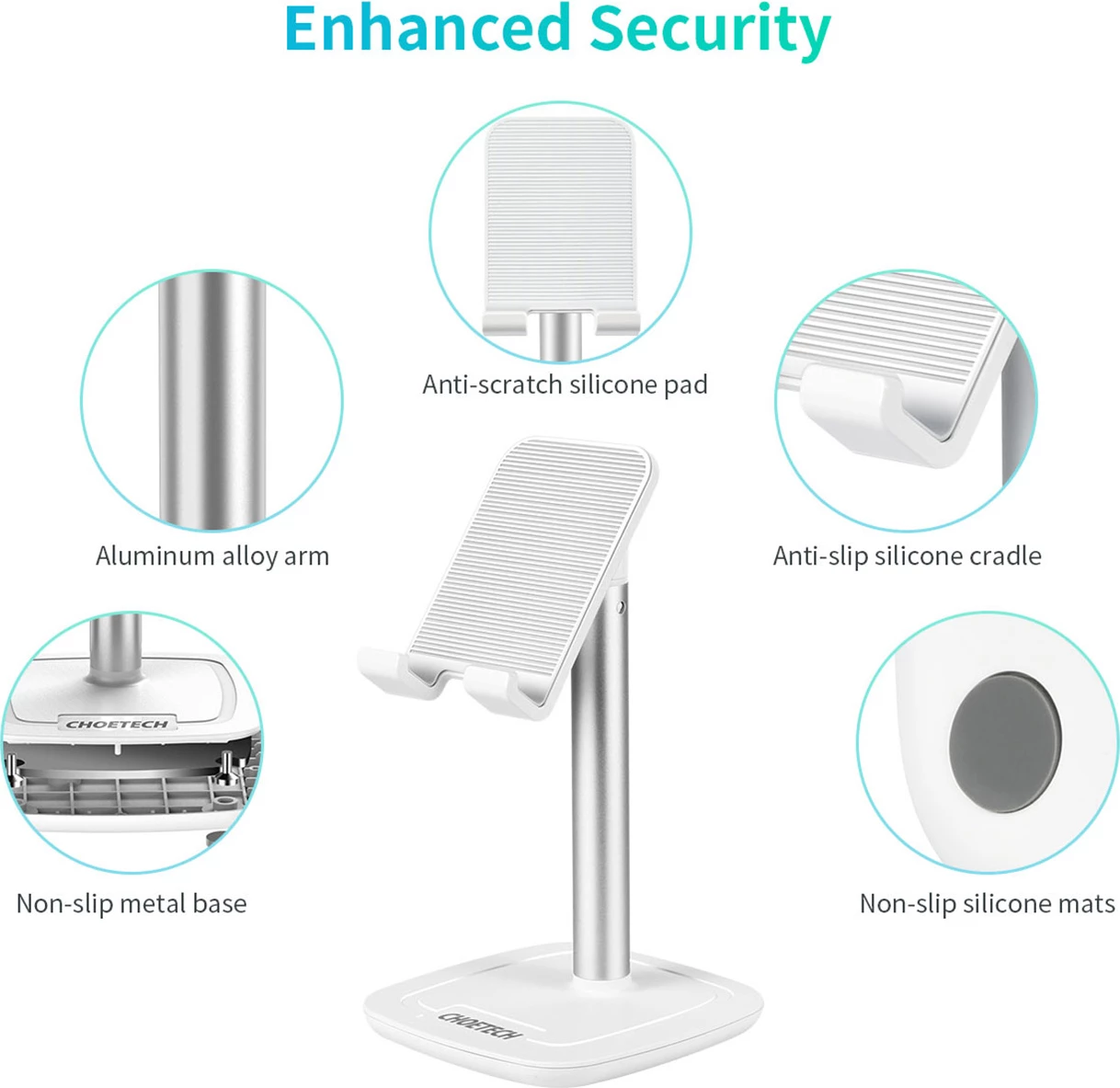 Mbajtëse telefoni/tableti Choetech H035, alumini, e bardhë dhe argjendtë, rregullim këndi dhe lartësie