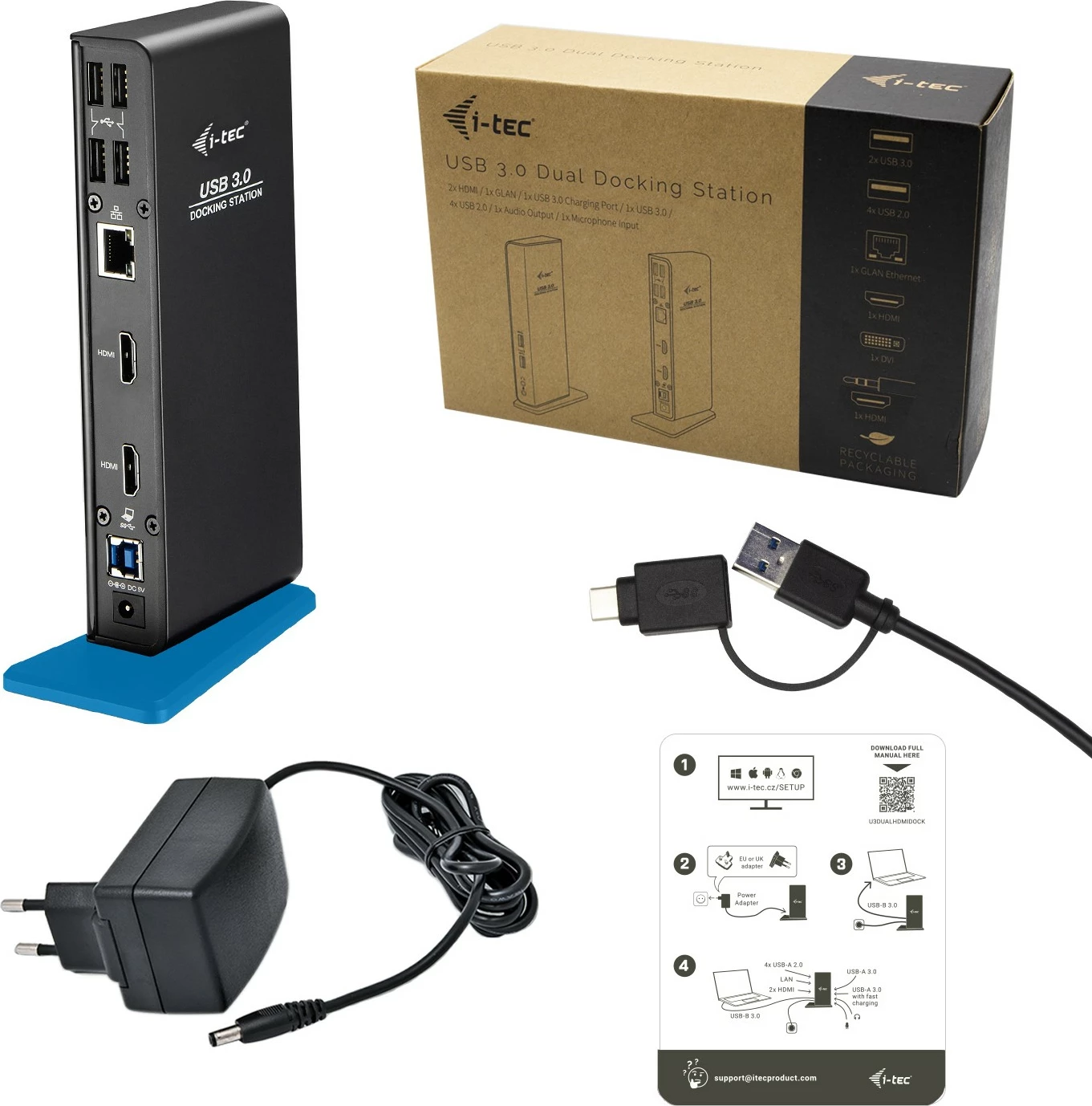 Docking station i-tec USB 3.0/USB-C Dual HDMI, Wired, USB 3.2 Gen 1, E zezë
