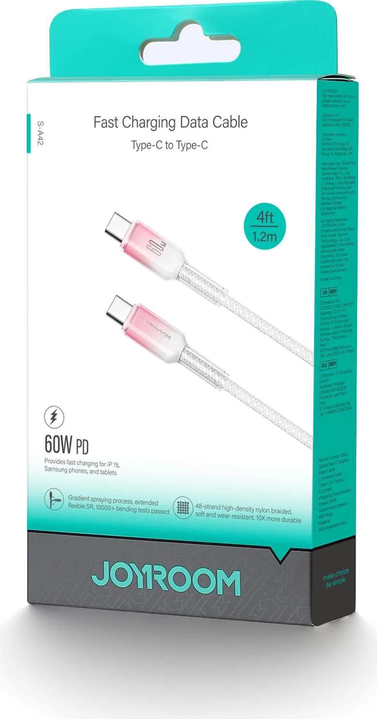 Kabllo USB-C në USB-C Joyroom S-A42 Crystal-Clear Series, 1.2m, 60W, Bardhë