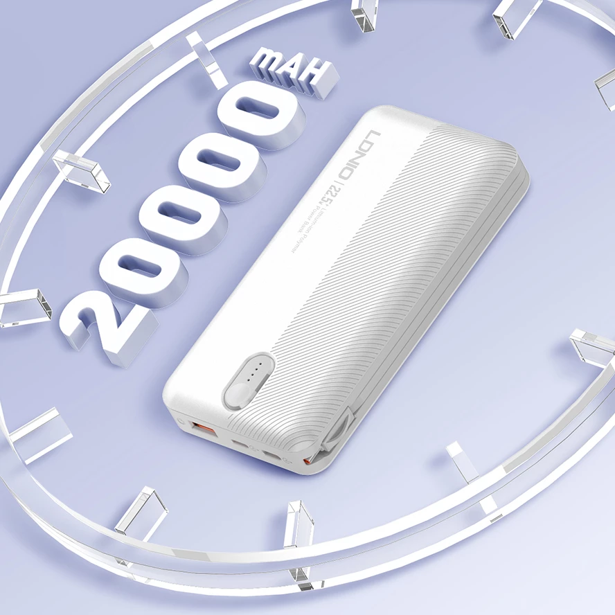 Power bank LDNIO PQ24 20000mAh 22.5W me 1x USB-A + kabllo të integruara USB-C/Lightning (1C1L), bardhë