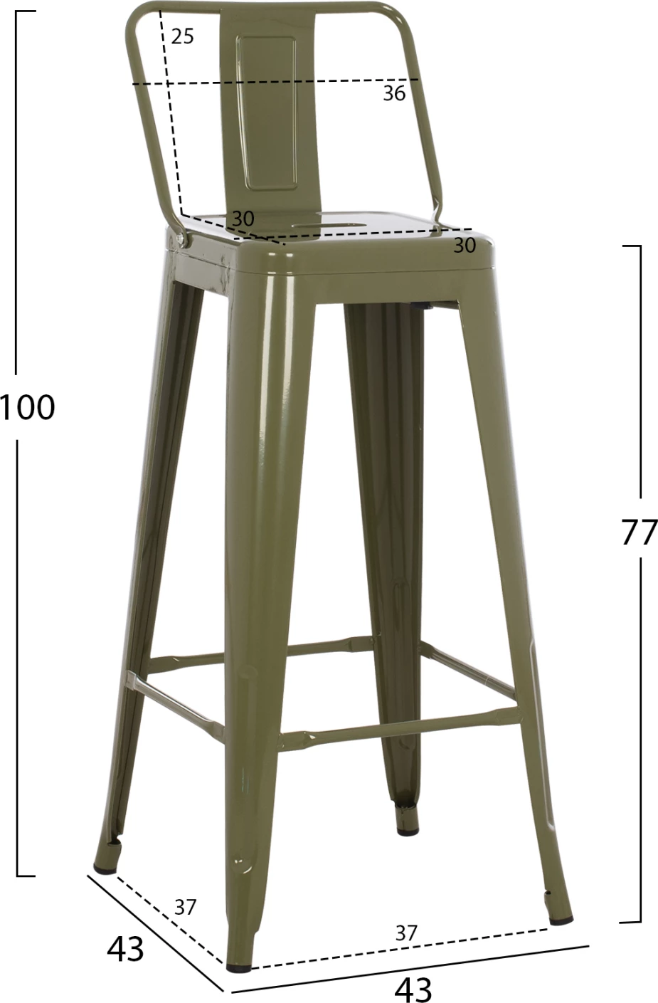 Karrige për bar me mbështetëse, MELITA-PRO, metal, ngjyrë ulliri e errët, 42x42x100H cm
