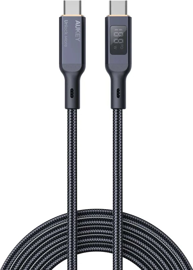 Kabllo USB-C në USB-C AUKEY CB-MCC102, 1.8m, LED, 100W PD, E zezë
