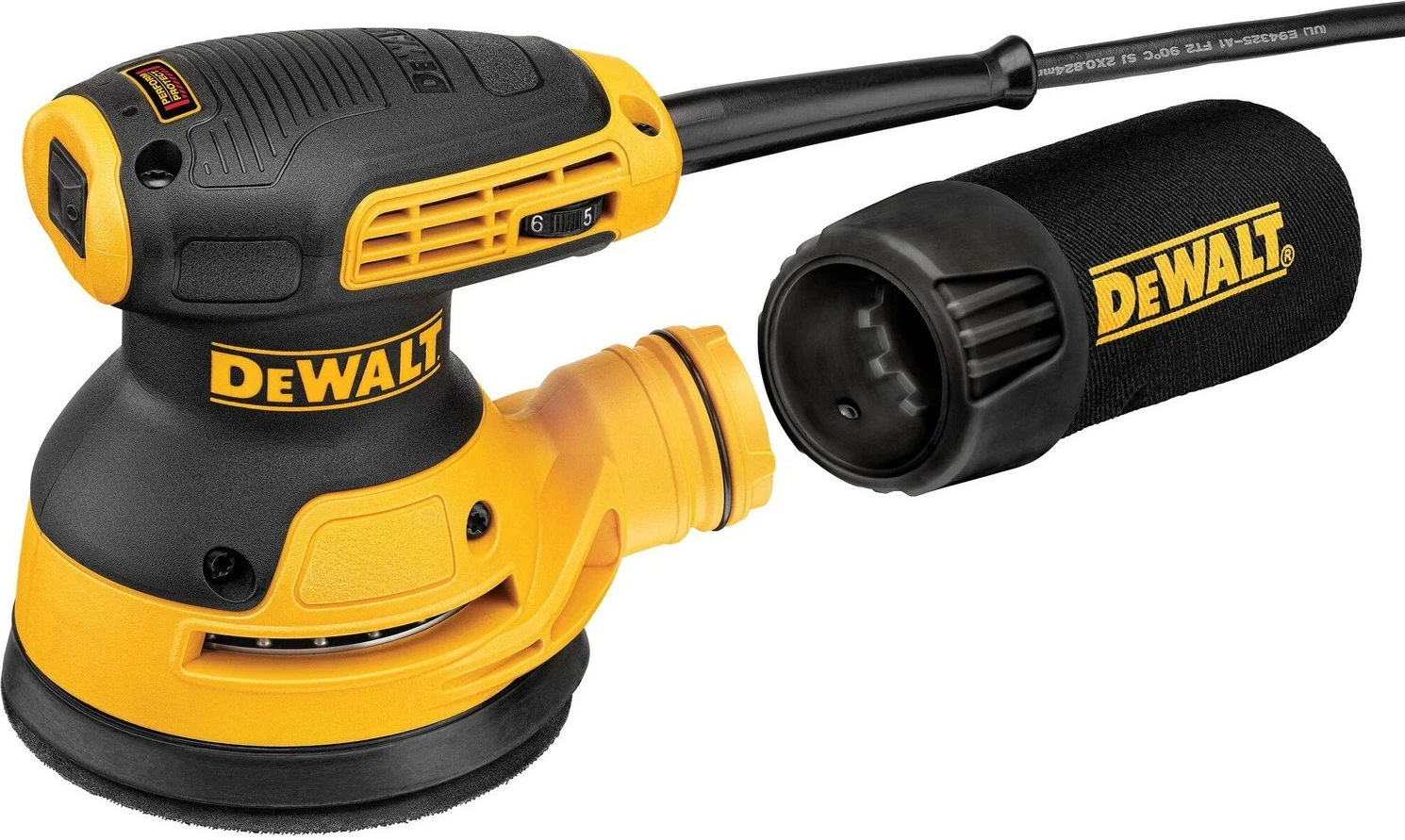 Lëmues orbital DeWALT 125mm 280W, zi/verdhe