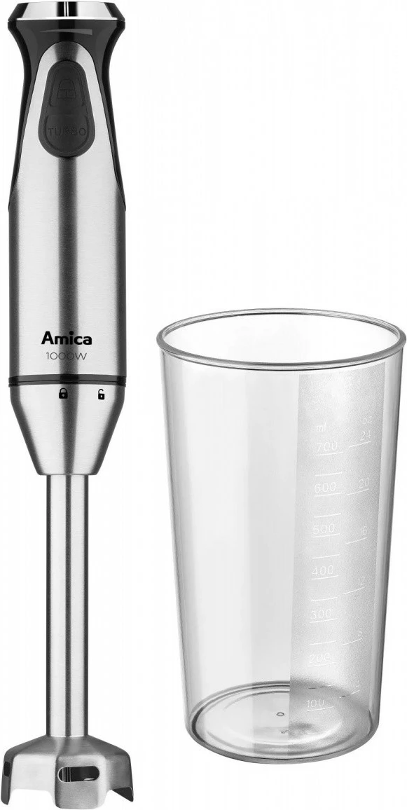 Blender dore Amica BD 8011 1000W, rregullim i butë i shpejtësisë, turbo, teh dhe këmbë inox, gotë 700 ml, zi/argjend