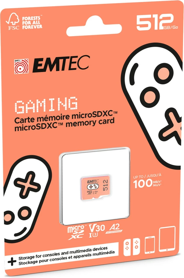 MicroSDXC EMTEC 512GB Gaming, UHS-I U3 V30 A2, portokalli