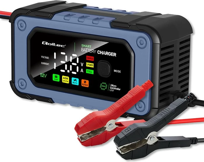 Karikues baterie Qoltec 52486, 12V, 7A, me funksion riparimi, LED, i zi/blu